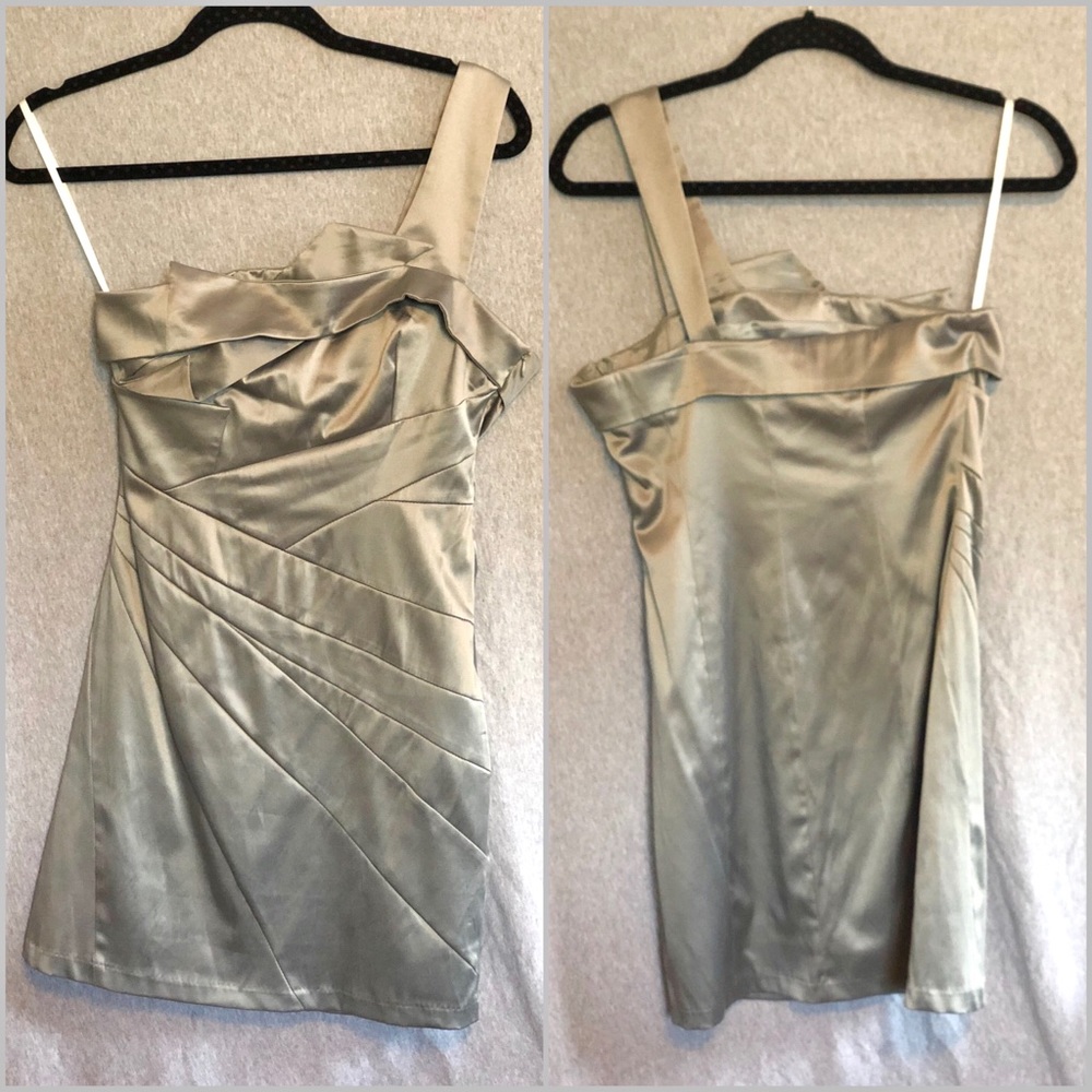 Silver satin fitted mini dress